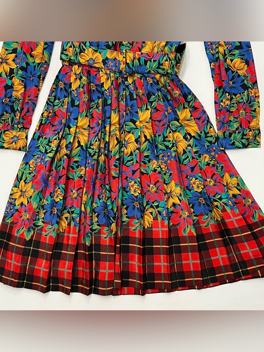 Vintage 80s Chaus Floral Plaid Secretary Dress Sz 10 Maximalist Strong Shoulder - Picture 3 of 10